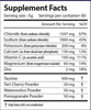 Supplement facts label with various nutrients and their amounts per serving.