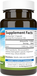 Carlson Biotin 5000 mcg, Healthy Hair, Strong Nails & Energy Production 100 Caps Supps Facts
