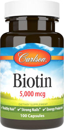 Carlson Biotin 5000 mcg, Healthy Hair, Strong Nails & Energy Production 100 Caps