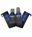 Pair of black wrist wraps with blue straps and 'FUELD' branding on a gray surface.
