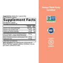 Supplement label with certification logos on a white and orange background