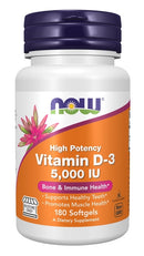 NOW Foods Vitamin D-3 High Potency Bone & Immune Health 5000 IU 180 Softgels