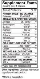 Supplement facts label for digestive enzymes with detailed amounts per serving.