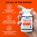 Hand holding a bottle of Digest-GI Extra Strength supplement with branding and text on an orange background