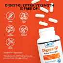 Digest-GI Extra Strength supplement bottle with allergen-free icons on an orange background
