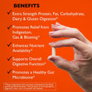 Hand holding a supplement with benefits listed on an orange background