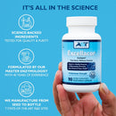 Bottle of Excellacor dietary supplement held by a hand with blue background and text about science and quality.