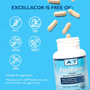 Excellacor supplement bottle with capsules on a blue background, highlighting allergen-free features.