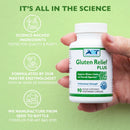 Hand holding a bottle of Gluten Relief Plus supplement with green background and text about science and quality.
