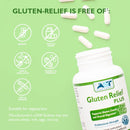 Bottle of Gluten Relief Plus with allergen symbols on a green background