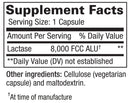Supplement facts label with lactase content and other ingredients on a white background