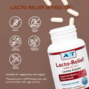 Lacto-Relief supplement bottle with allergen-free icons on a brown background
