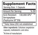 Supplement facts label with acid-resistant serrapeptase content on a white background