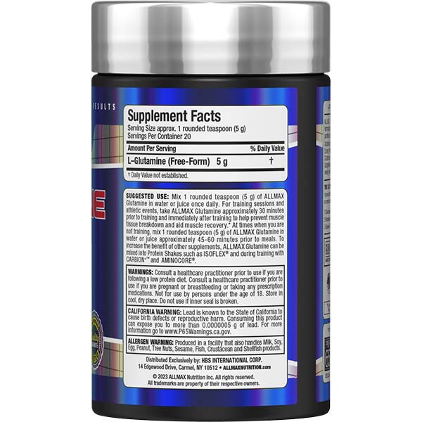 All Max Nutrition Glutamine Fermentation Derived, Increases Recovery, 100g