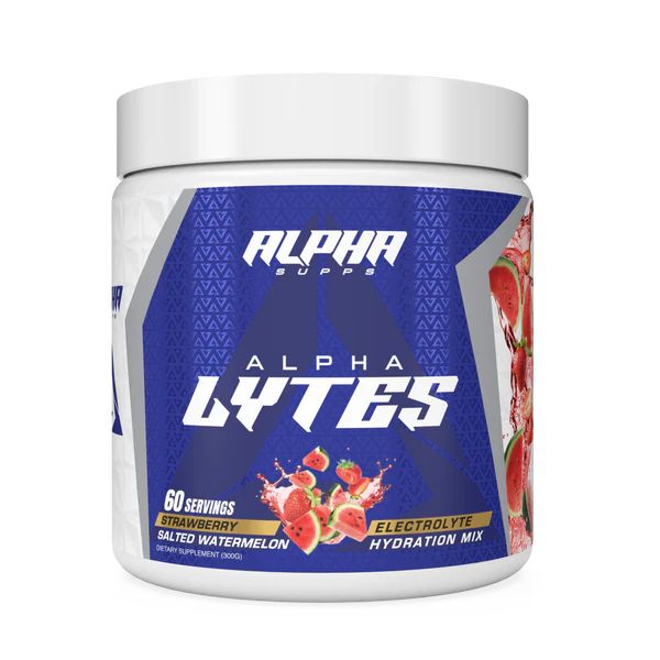 Alpha Lytes electrolyte hydration mix container with strawberry and salted watermelon flavor on a white background