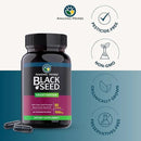 Black Seed dietary supplement bottle with branding and certification icons on a gradient background