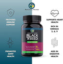 Black seed supplement bottle with health benefits on a blue and white background