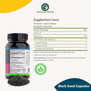 Black seed capsules with supplement facts and Amazing Herbs branding on a white background.