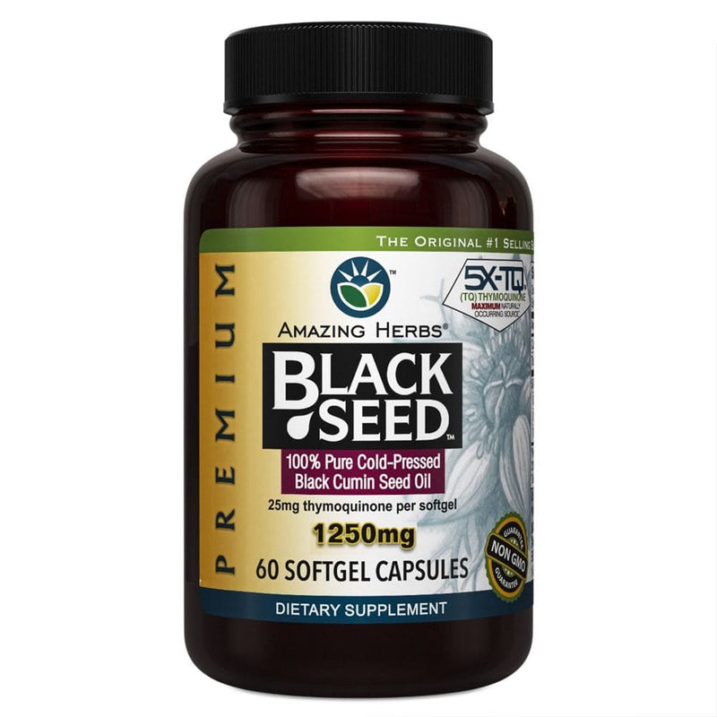 Amazing Herbs Black Seed 1250mg, 100% Pure Cold-Pressed Oil 60 Softgel