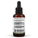 An amber glass dropper bottle with a black cap, showing the back of the label with Supplement Facts, on a white background.
