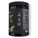 Black supplement container with detailed label on a black background