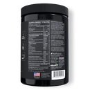 Supplement container with label showing supplement facts on a black background