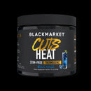 A black plastic tub of Blackmarket Cuts Heat stim-free thermogenic dietary supplement in Blue Razz flavor, shown against a solid black background.