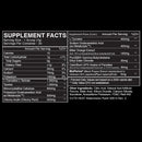 A black supplement facts label with white text showing serving size, calories, nutrients, and ingredients per scoop.
