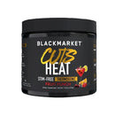 A black plastic tub of Blackmarket Cuts Heat dietary supplement in Fruit Punch flavor, shown against a solid black background.