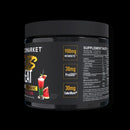 A black tub of Metavolts Beast Heat pre-workout supplement, showing the side label with supplement facts and a watermelon-flavored cocktail graphic on a black background.