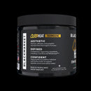 A black plastic tub of Blackmarket Cutsheat Thermogenic Aesthetic powder with a black label, set against a solid black background.