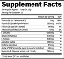 A close-up of a Supplement Facts label showing a list of vitamins and other nutrients with amounts per serving and daily value percentages on a black background.