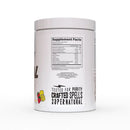 A white plastic supplement jar shown from the back, featuring a 'Supplement Facts' label and branding text that reads 'Tested for Purity, Crafted Spells, Supernatural'.