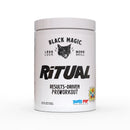 A white plastic tub of Black Magic Ritual Results-Driven Preworkout by Sons of Pop, featuring a black cat logo and bold black text on a clean white background.