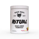 A white tub of Black Magic Ritual Preworkout in Strawberry Lemonade flavor, featuring a black cat logo and bold black text on a clean white background.