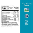 Supplement label with certification logos on a white and blue background