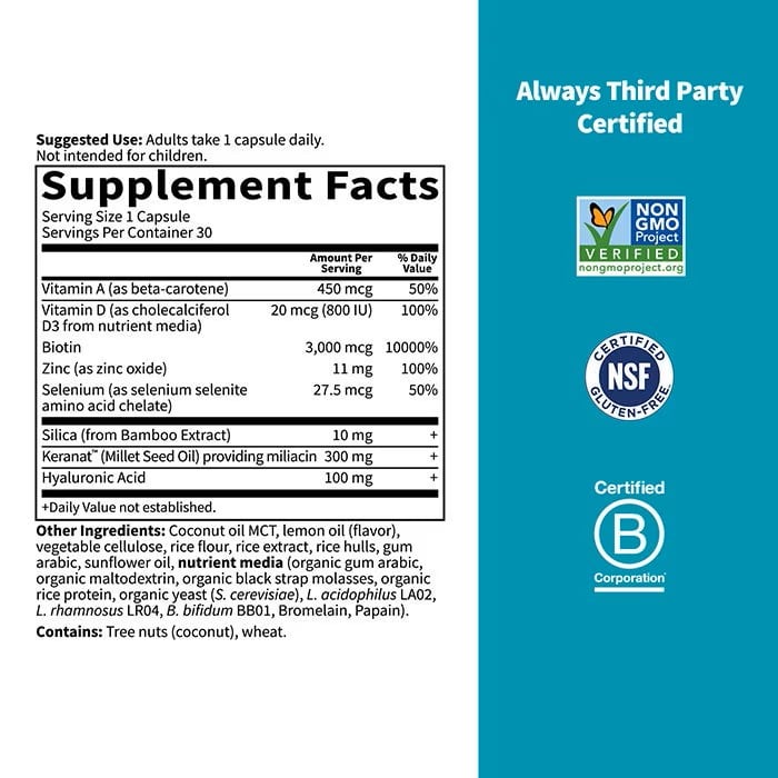 Supplement label with certification logos on a white and blue background