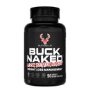 A black bottle of Bucked Up Buck Naked Look Better Naked dietary supplement with a black cap, featuring a red deer head logo and white and red text on a black background.