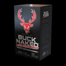 A black rectangular product box for Buck Naked Weight Loss dietary supplement, featuring a large red deer head logo and white and red text on a black background.