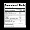 A supplement facts label for a boxed product, showing serving size 3 capsules and a list of ingredients including Acetyl L-Carnitine, InnoSlim, Infinity Paraxanthine, Berberine HCl, L-Theanine, Calorbin GP, Cayenne Pepper Powder, and Biperidine. The label is centered on a black background with small text above reading 'BUCKED UP! - Support - Buck Naked'.