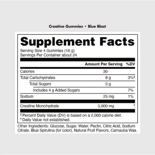 Supplement facts label for Creatine Gummies with Blue Blast flavor on a white background