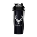 A black shaker bottle with a white buck deer graphic and the text 'BUCKED UP' on the front, set against a solid black background.