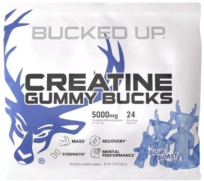 Package of 'Bucked Up' Creatine Gummy Bucks with blue deer graphics on a white background