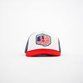 Trucker hat with American flag design on a white background