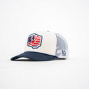 Trucker hat with American flag design and '10 Years' logo on a white background