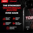 Advertisement for a testosterone booster supplement with bold text and product packaging on a dark background.