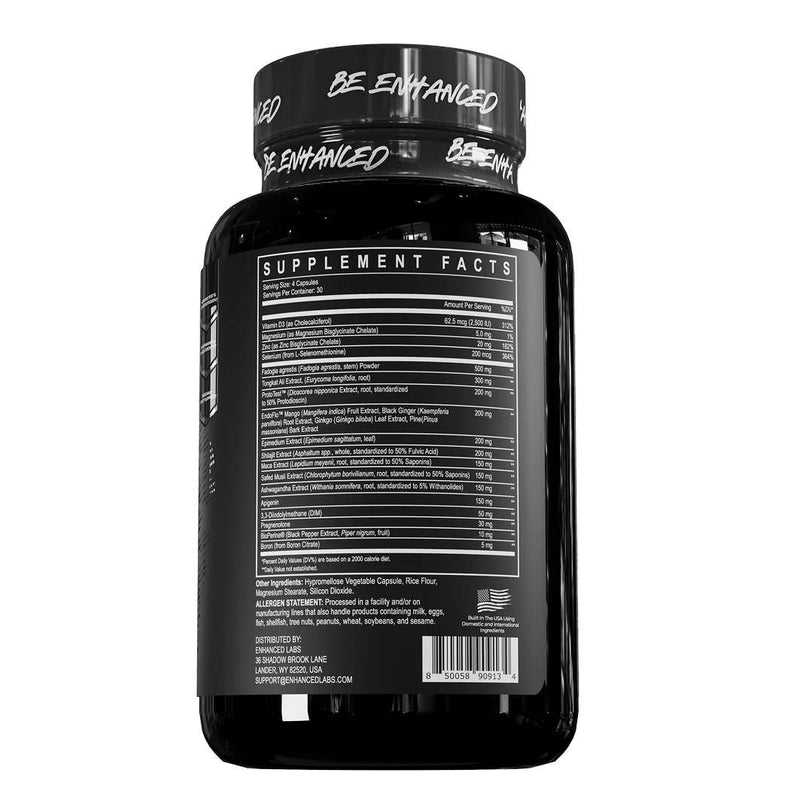Black supplement bottle with 'Be Enhanced' branding on a white background