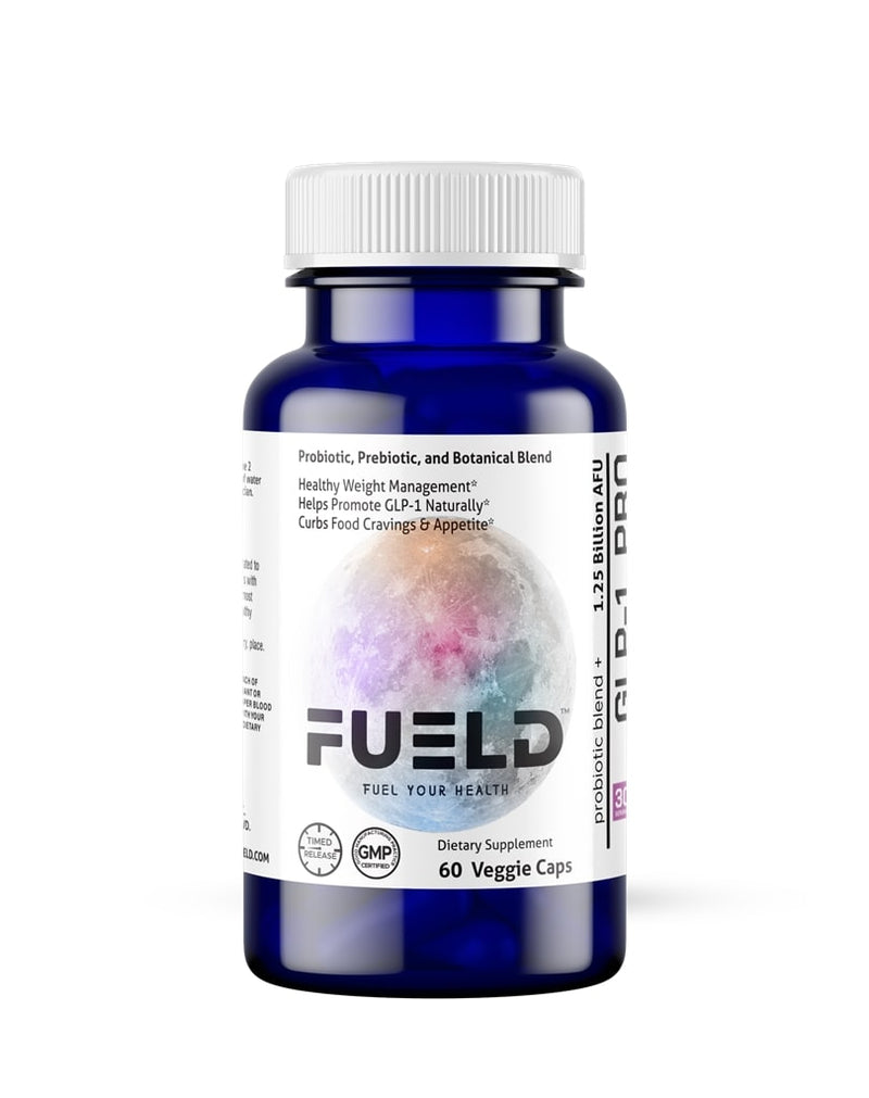 Blue supplement bottle labeled 'FUEL' on a white background