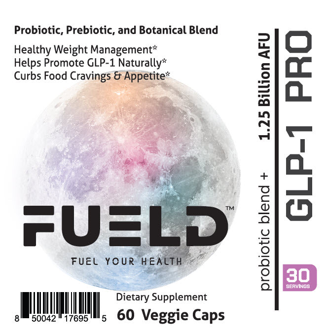 FUEL dietary supplement label with colorful sphere design and product details.