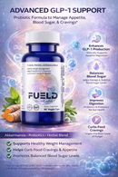 FUELD supplement bottle with health benefits on a colorful background
